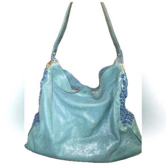 Tory Burch Vintage Green Shimmer Leather Blue Beaded Hobo Shoulder tote bag - Picture 4 of 16